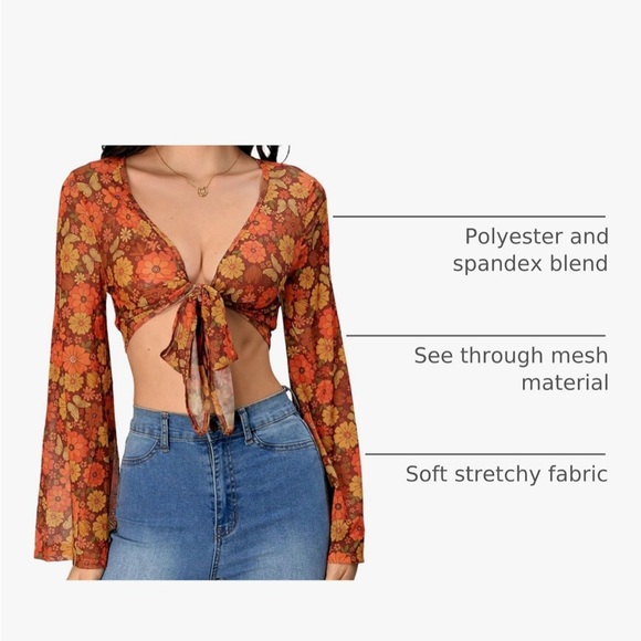 Floral Tie-Front Chiffon Top - Orange and Brown - Picture 2 of 8